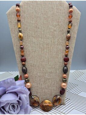 Long Beaded Statement Necklace 34" Brown Amber Burgundy Mixed Beads Boho Artsy